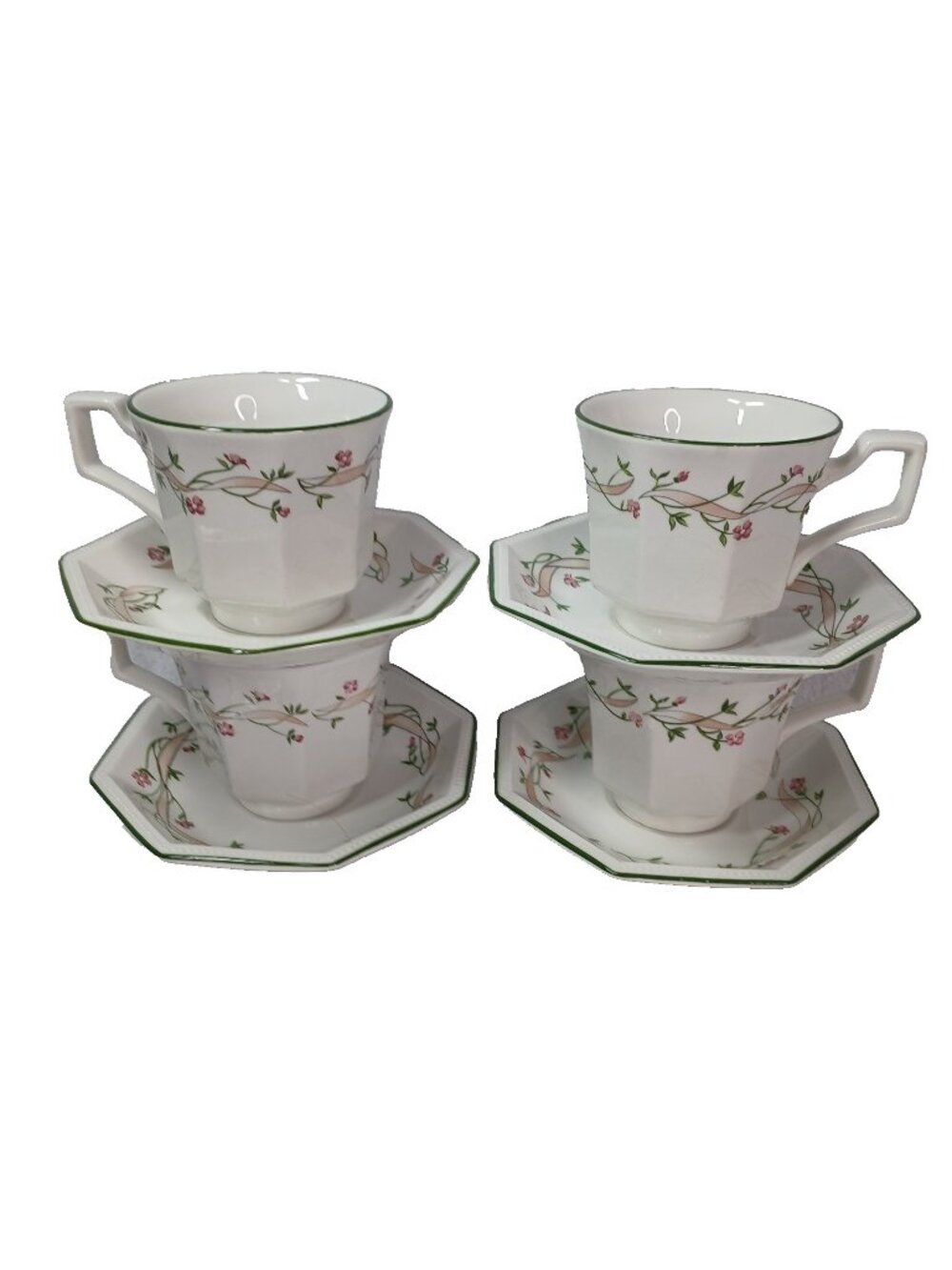 Set of 4 Johnson Brothers Eternal Beau Footed Cups and Saucers Vintage England